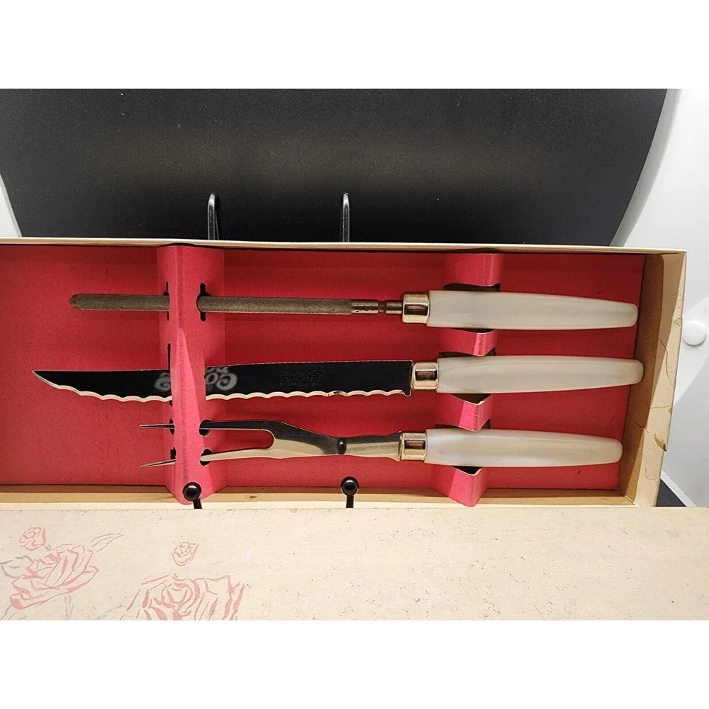 Vtg Regent Sheffield English Stainless 3 Piece Carving Set Box Pearline Bakelite